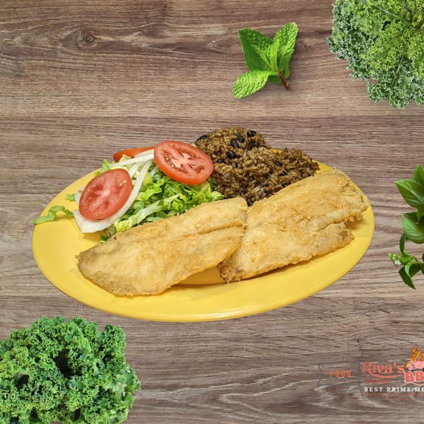 Fried fish fillets with rice and beans, and a side salad on a yellow plate.